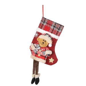 Red plaid Christmas stocking with 3D teddy bear and soft faux fur hanging decoration