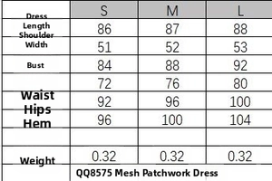 Size chart for women's stand collar mesh short dress with detailed body measurements