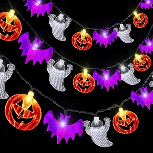 Solar Halloween string lights with orange pumpkins, purple bats and white ghosts