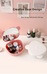 Detail of bear-shaped makeup organizer with folding mirror and internal compartments