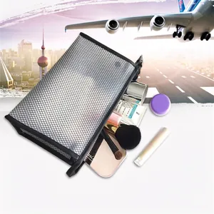 Portable waterproof PVC mesh travel toiletry bag in silver grey with zipper closure