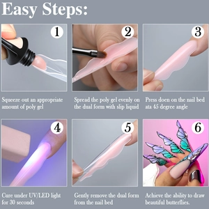 Poly gel nail kit guide showing application steps for butterfly extension shapes