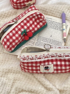 Large capacity red plaid wool storage bag with cherry charm and lace detail
