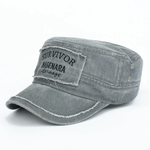 Vintage washed grey cadet cap with embroidered patch and distressed edges