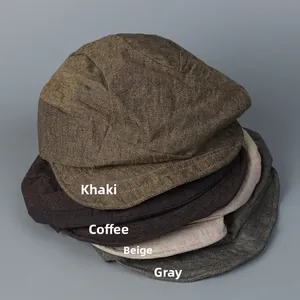 Close-up of four colors of breathable linen flat caps showing woven texture and vintage style