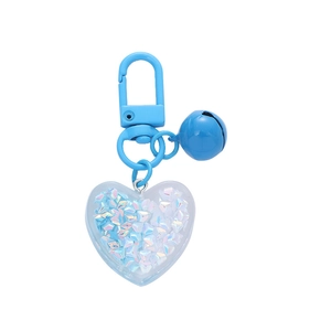 Pastel blue heart keychain with transparent acrylic pendant and small metal bell