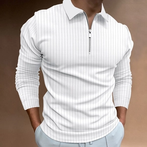 Detail of white men's quarter-zip polo shirt featuring vertical ribbed knit texture