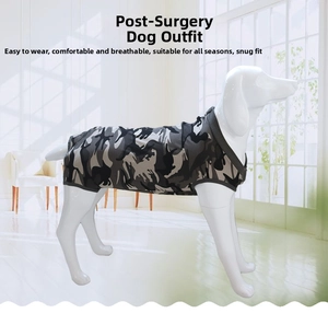 Detailed side view of camouflage recovery suit for dogs on a white model