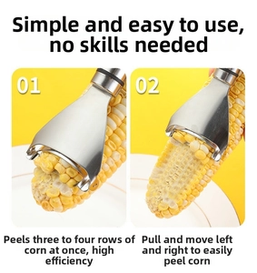 Detail of stainless steel corn peeler showing the curved blade design for easy grain removal
