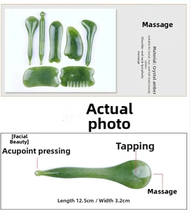 Detailed view of resin face scraping tools with dimensions for acupuncture massage