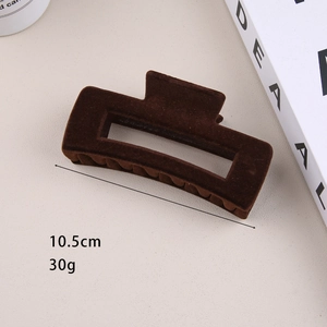 Detail view of 10.5cm brown flocked shark clip showing dimensions and large grip size