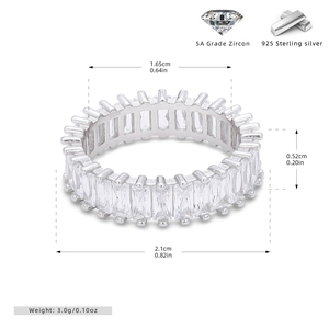 Detailed dimensions of 925 sterling silver ring with 5A rectangular zircon inlay