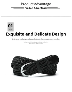 Detail of black woven twisted belt with silver oval pin buckle and leather tip end