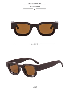 Detail view showing front and side profile of glossy coffee brown square sunglasses
