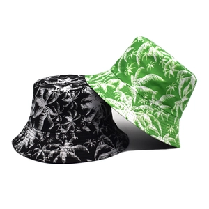 Dual-sided palm tree print bucket hat for women in black and green tropical designs