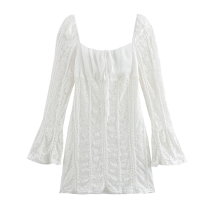 White Lace Mini Dress Square Neck Long Flare Sleeve Tie Front Sexy A Line Party Fashion For Women