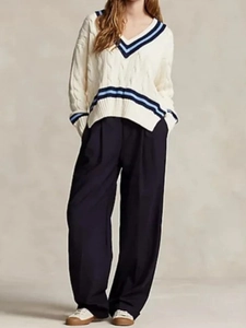 Women's V-neck striped cable knit sweater and navy wide-leg pants leisure set