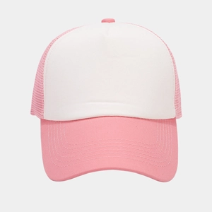 Close-up of pink and white trucker hat featuring breathable mesh and reinforced visor stitching