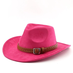 Detail of fuchsia suede cowboy hat with brown braided leather band and silver buckle