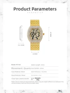 Detailed specs of the gold tonneau quartz watch with iced-out crystals and art numerals
