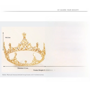 Detailed size chart of a vintage gold floral bridal crown with rhinestones and alloy