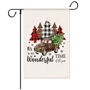 Christmas garden flag with festive truck and tree design on beige linen fabric