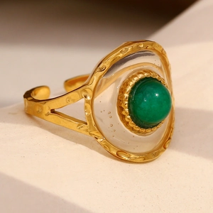 Retro 18K gold plated stainless steel open ring with green acrylic stone inlay