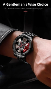 Close-up of black quartz watch with racing wheel rim design and red brake caliper detail