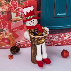 Sitting snowman Christmas candy basket tabletop decoration with woven storage tray