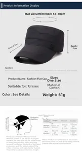 Detailed size chart for the black cotton flat top hat with dimensions and measuring guide