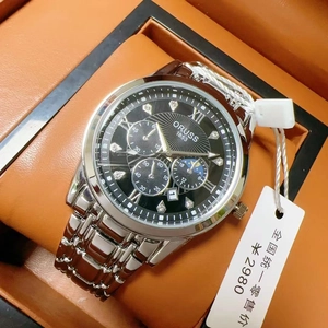 Detail of luxury men's steel watch with black sunray dial and Roman numerals in box