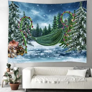 Tapisserie De Noël Forêt Enneigée D'Hiver Arbre De Noël Nuit Étoilée Tentures Murales Décor En Polyester Pour Chambre Fantaisie