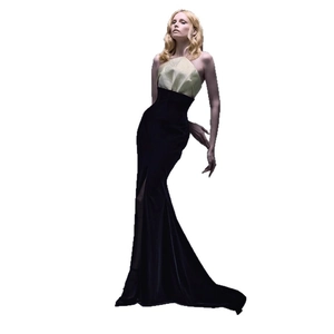 Robe de soirée élégante en velours noir et satin doré avec taille haute et fente latérale
