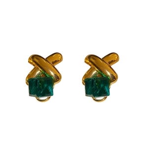 Vintage gold cross earrings with green square gemstone in a retro minimalist style