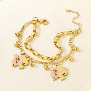 Double-layered gold stainless steel bracelet with hollow heart and mother-child charms