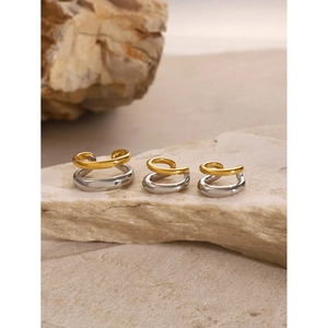 Minimalist gold and silver two-tone layered ear cuffs in small, medium, and large sizes