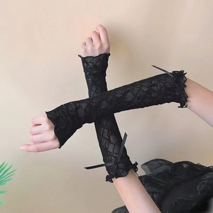 Long black floral lace fingerless gloves with silk bow accents in a gothic JK style