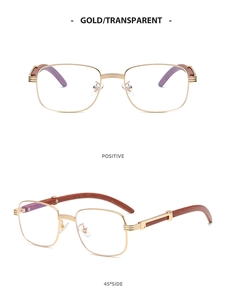 Detail view of wood grain arms and gold square metal frame on luxury flat lenses