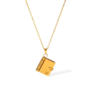 Golden stainless steel book locket necklace with heart detail on a white background