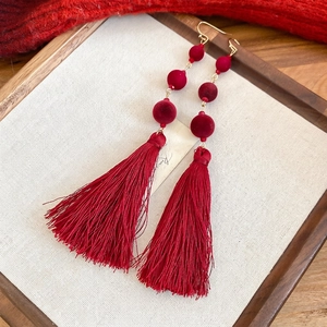 Vintage long fringe earrings with red flocked beads and gold hooks for a luxury style