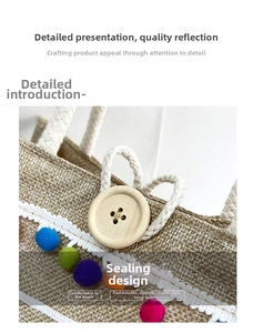 Detail view showing wooden button closure, lace trim, and pompom on linen bag