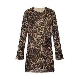 Leopard Print Ruched Mini Dress Bodycon Round Neck Long Sleeve Sexy Slim Fit Fashion Clothing For Women