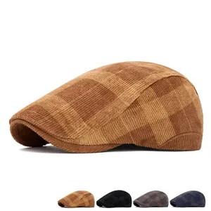 Classic men's vintage corduroy flat cap in plaid pattern with multiple color options