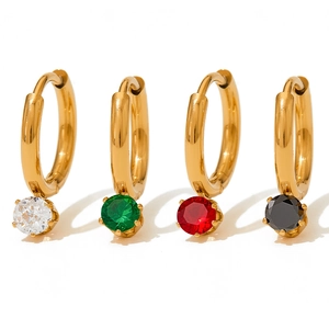 Golden stainless steel hoop earrings set with crystal pendants in four vibrant colors