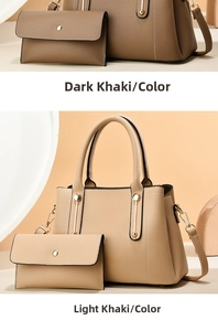 Detail of dark and light khaki pebble leather tote bags with matching clutch bags