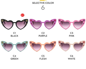 Detailed grid view of children's heart-shaped sunglasses in six vibrant colors with floral accents