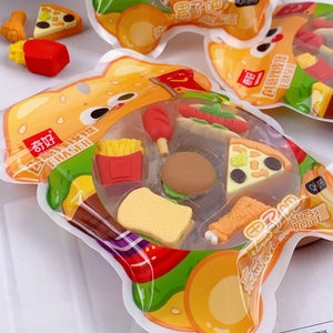 Close-up of creative fast food shaped erasers including burger and fries stationery set