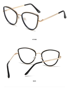 Detail views of cat eye glasses frames showing the 45-degree side and back perspectives
