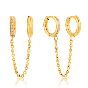 Boucles d'oreilles doubles en or 18K avec chaîne à pompons et zircons brillants