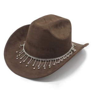 Détail d'un chapeau de cowboy en daim marron foncé avec franges en strass scintillantes